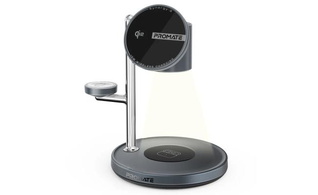Promate Synergy 4-in-1 Qi2 Certified MagSafe Compatible Wireless Charging Station w/ Soft-Glow Night Lamp - Black